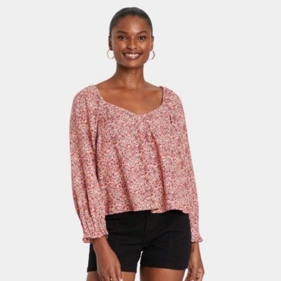 Universal Thread Peasant Top Womens S Pink Floral 100% Cotton Boho Cottagecore - Picture 2 of 6